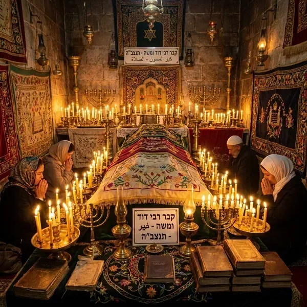 פנים הציון — קברו של רבי דוד ומשה מוקף בנרות ופרחים